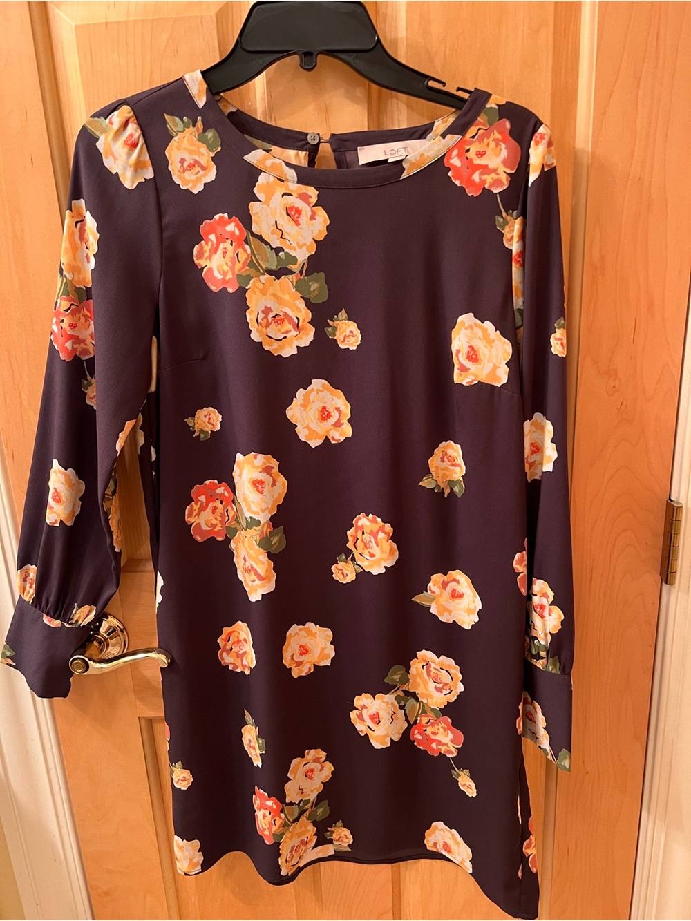 LOFT Gray Floral Shift Dress with Yellow Rose Print